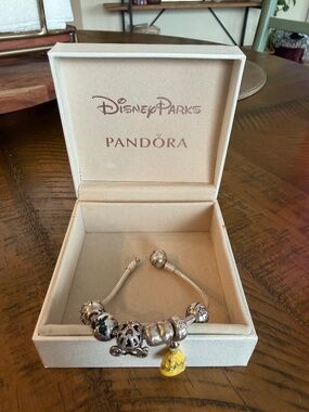 Pandora sterling silver snake chain charm bracelet with Disney charms